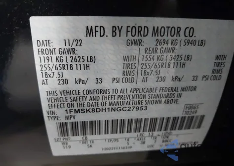 2022 Ford Explorer Xlt from USA, damaged, VIN 1FMSK8DH1NGC27953